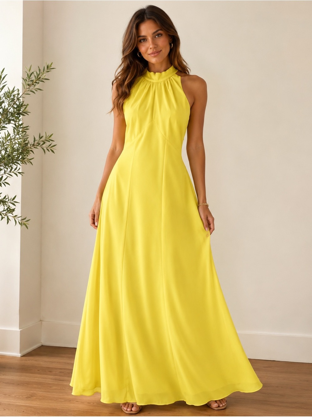 Sleeveless High-Neck Maxi Dress in Bright Yellow